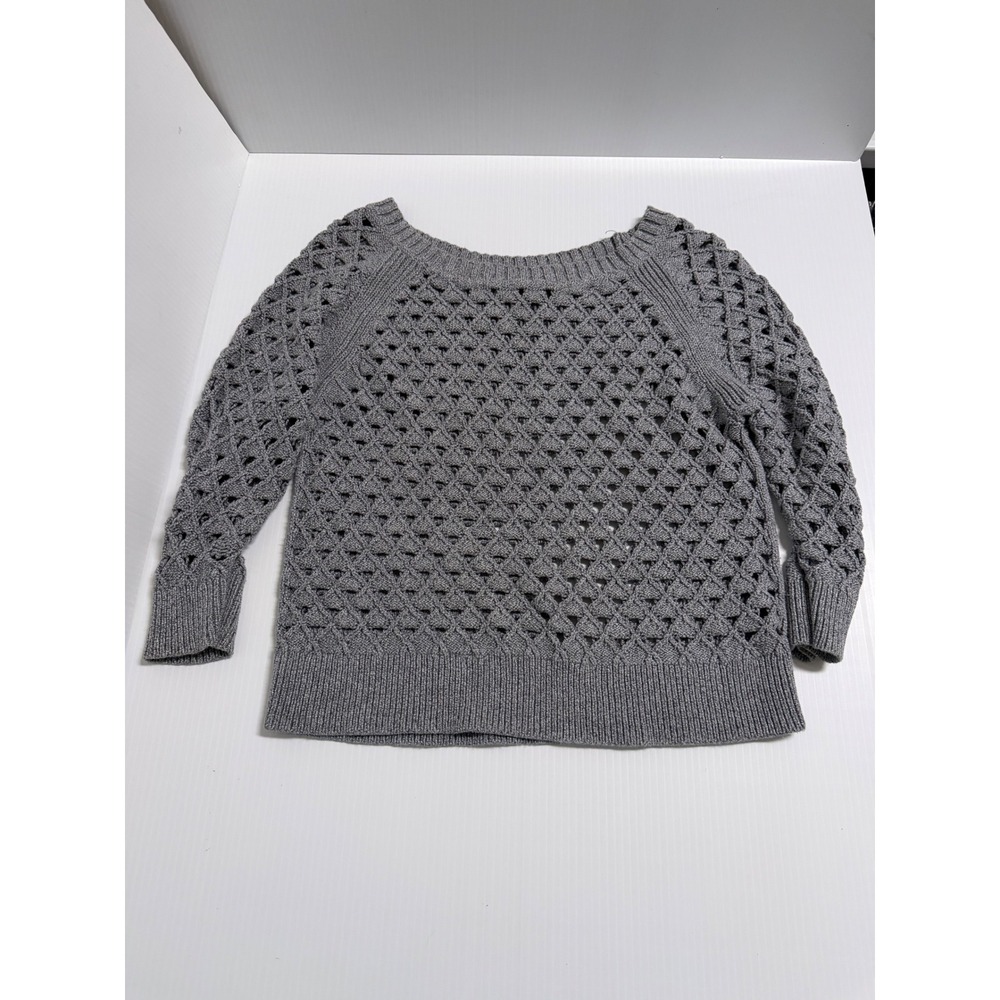 American Eagle Gray Open Knit Crochet Pointelle Scoop Neck Sweater Medium